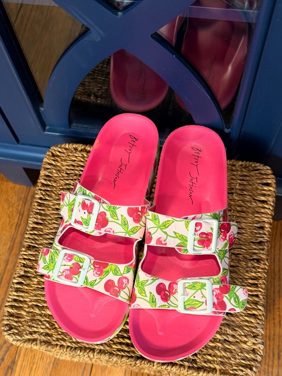 Betsey Johnson Shoes - Betsey Johnson Pink Cherry Print Slide Sandals with White Buckles